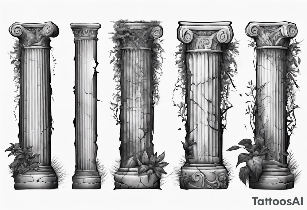 Ancient roman pillar in the Ionian style. It has cracks on it, and on the lower half some overgrown plants. 

The top part of the pillar has broken off, to the right side of the pillar, and has the word "OMNIA" inscribed on it. tattoo idea