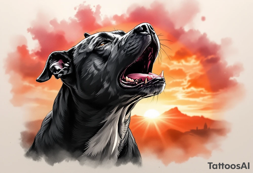 Pitbull howling in front of a sunset, silhouette-style with black fur outlines, warm orange, red, and pink sky blending in the background for a serene yet powerful effect. tattoo idea