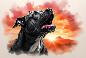Pitbull howling in front of a sunset, silhouette-style with black fur outlines, warm orange, red, and pink sky blending in the background for a serene yet powerful effect. tattoo idea