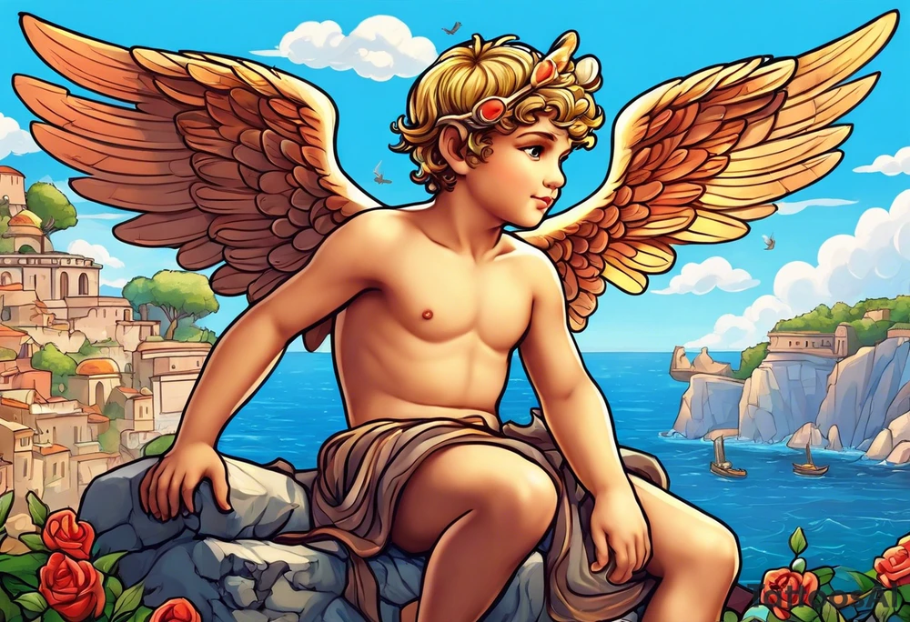 Cupido  fly boy with wings, background sea, ancient rome gods tattoo idea