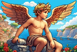 Cupido  fly boy with wings, background sea, ancient rome gods tattoo idea