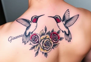 Beautiful majestic hummingbirds, surrounded by yellow, red and purple roses with the name Gianna tattoo idea
