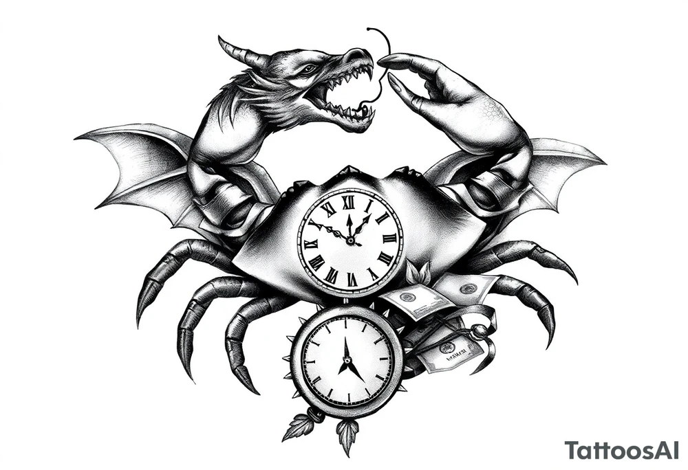 Dark cancer zodiac sign tattoo with dragon, clock and money on background tattoo idea