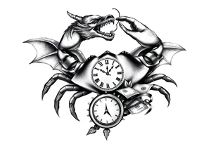 Dark cancer zodiac sign tattoo with dragon, clock and money on background tattoo idea