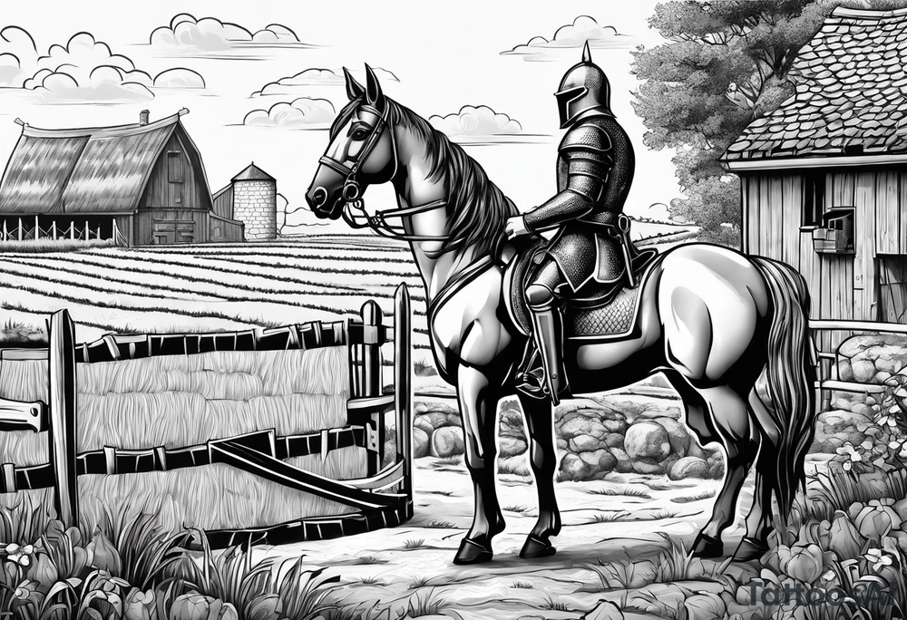 a knight kneeling with an old farm in the background and horses in the netherlands and a swimmingpool and an airfryer tattoo idea