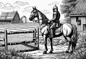 a knight kneeling with an old farm in the background and horses in the netherlands and a swimmingpool and an airfryer tattoo idea