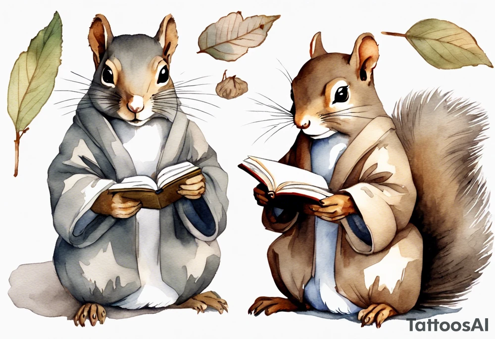 an elderly grey squirrel wearing a taupe  robe, writing in a journal tattoo idea
