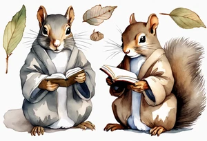 an elderly grey squirrel wearing a taupe  robe, writing in a journal tattoo idea