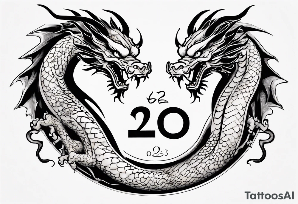 Chinese dragon in a circular shape with "02.03" written on its skin tattoo idea