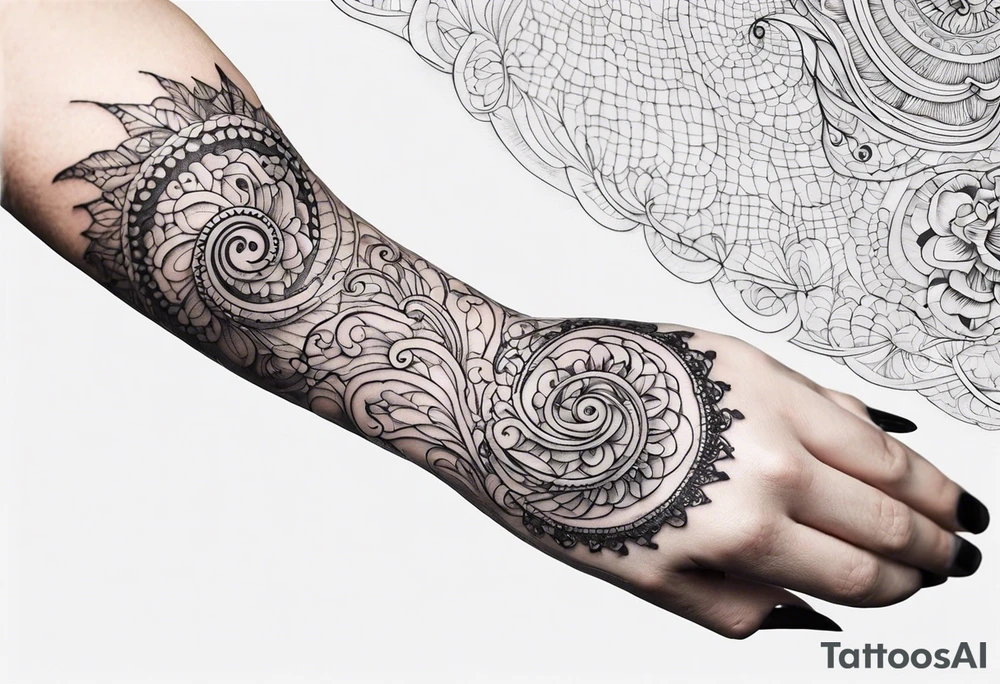 Swirls and whirls of lace covering fingers and forearm tattoo idea