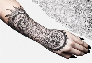 Swirls and whirls of lace covering fingers and forearm tattoo idea