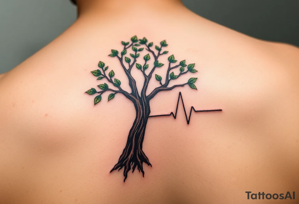 A heartbeat line flowing into a tree silhouette, with green leaves and brown bark, symbolizing the growth and strength of love tattoo idea