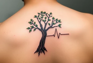 A heartbeat line flowing into a tree silhouette, with green leaves and brown bark, symbolizing the growth and strength of love tattoo idea