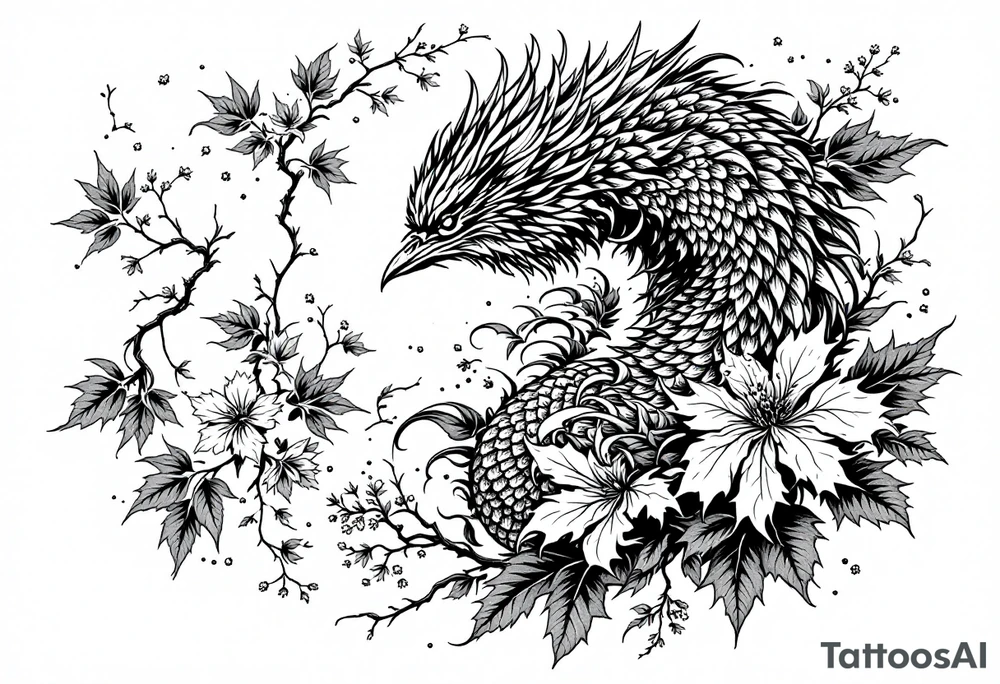 powerful japanese phenix surrounded by maple leaf and cherry blossom tattoo idea