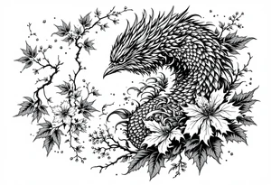 powerful japanese phenix surrounded by maple leaf and cherry blossom tattoo idea