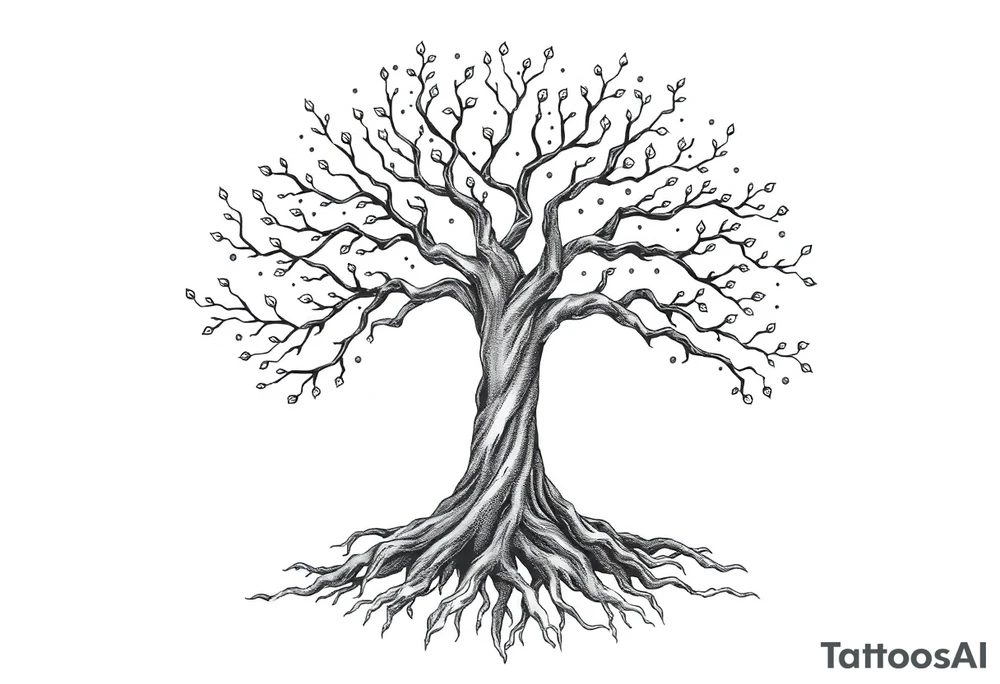 mystical tree of life with cosmic roots and celestial branches tattoo idea