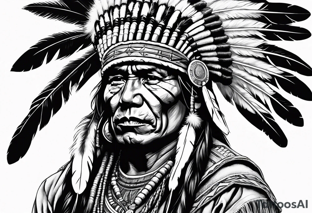 Native American war chief skull with bonnet tattoo idea