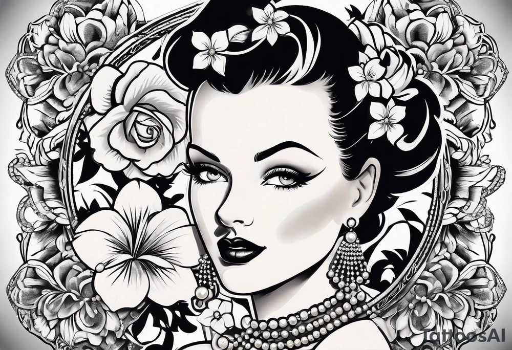 1950s pinup pumps with flowers, pearl necklaces, bows, and lace tattoo idea
