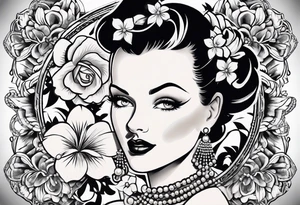1950s pinup pumps with flowers, pearl necklaces, bows, and lace tattoo idea