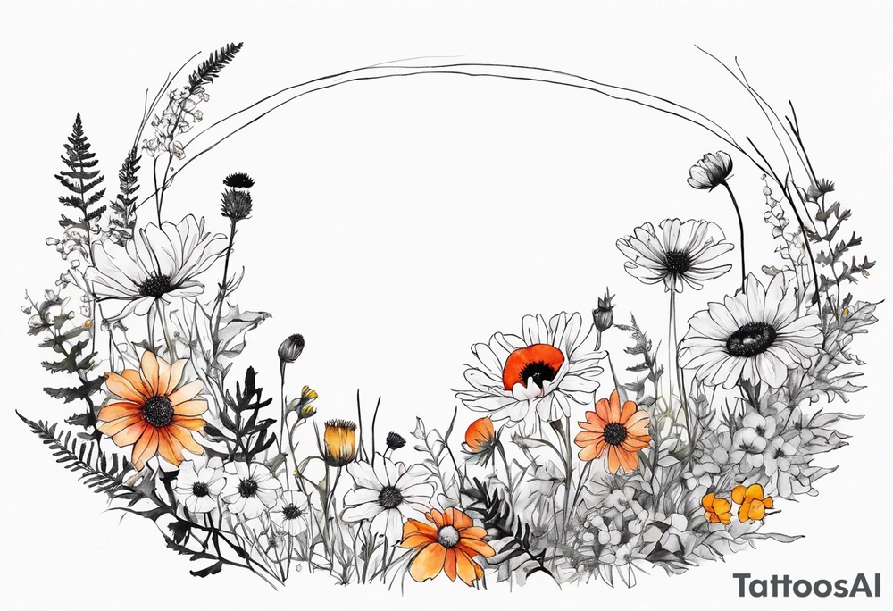 an oval of wildflowers cascading with thistles, ferns, white anemones, sun flowers, red flowers, black flowers, buttercups, orange flowers, babys breath and daisies all in watercolor tattoo idea