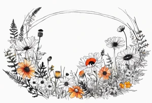 an oval of wildflowers cascading with thistles, ferns, white anemones, sun flowers, red flowers, black flowers, buttercups, orange flowers, babys breath and daisies all in watercolor tattoo idea