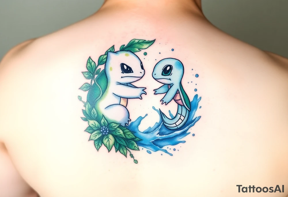 A yin-and-yang watercolor tattoo featuring Bulbasaur and Squirtle in their natural habitats. Bulbasaur forms the yin side, nestled in a lush forest environment with soft green watercolor washes, leaves, vines, moss, and gentle earthy textures. Squirtle forms the yang side, flowing through water with dynamic blue watercolor splashes, waves, bubbles, and light reflections. Their bodies curve together to complete the circular yin-yang symbol. The style is soft watercolor with subtle ink outlines, fluid motion, balanced contrast between earth and water, minimal background, and a harmonious, serene energy. tattoo idea