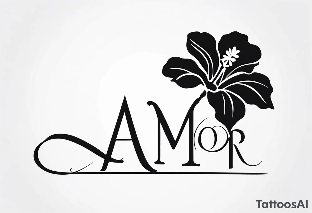 hibiscus flower with the word amor shaped as the stem for the flower tattoo idea