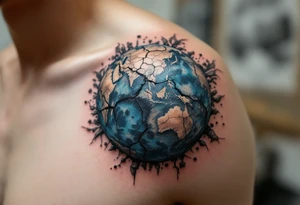 A cracked Earth in dusty blue and brown tones symbolizes environmental decay on the shoulder blade. tattoo idea