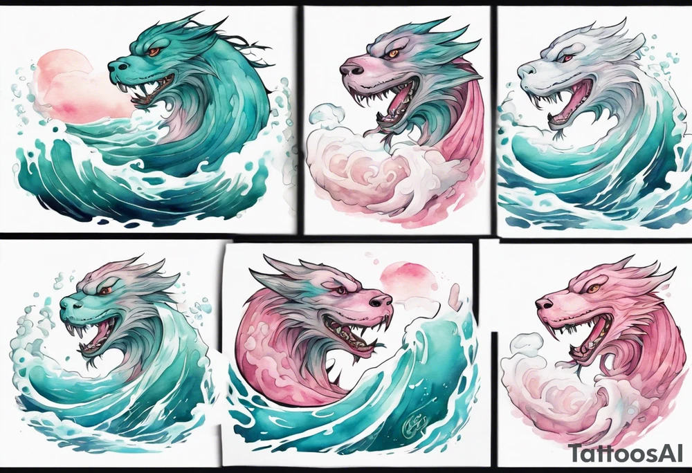 a gentle turquoise and pink Falkor emerging from the stormy sea tattoo idea