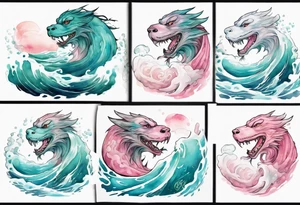 a gentle turquoise and pink Falkor emerging from the stormy sea tattoo idea