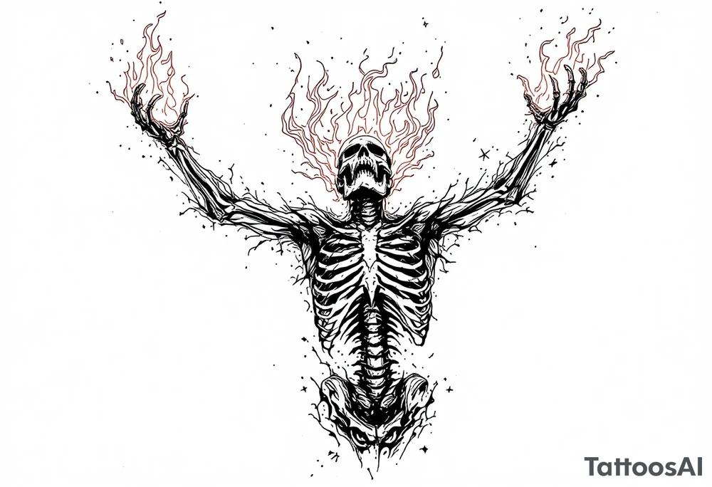 Flaming satan skeleton reaching up bith arms to heaven tattoo idea