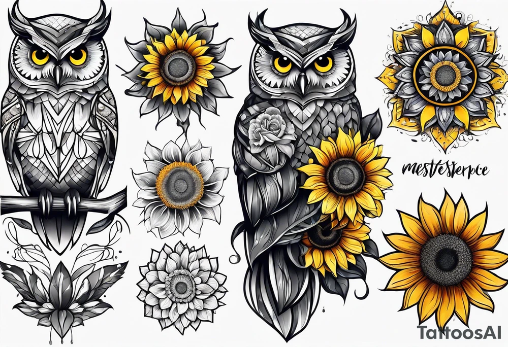 Owl and sunflower sleeve tattoo idea