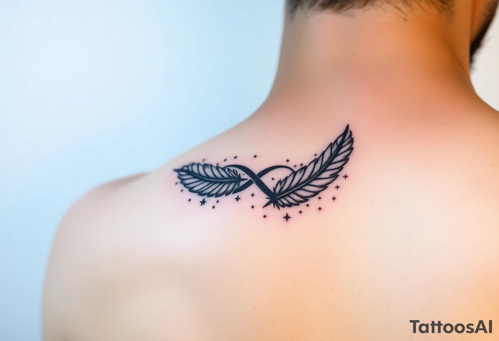 infinity symbol woven with floating feathers and stardust tattoo idea