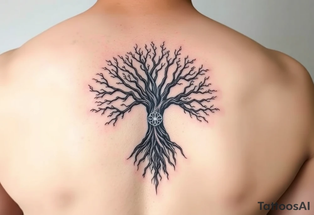 mystical tree of life with cosmic roots and celestial branches tattoo idea