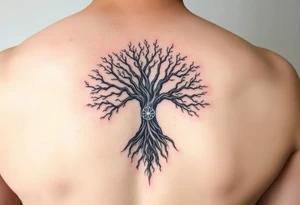 mystical tree of life with cosmic roots and celestial branches tattoo idea