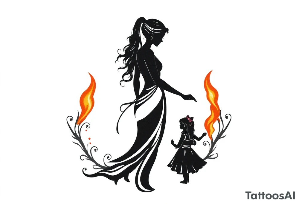 Silhouette of a mother passing 2 flames to two daughters tattoo idea