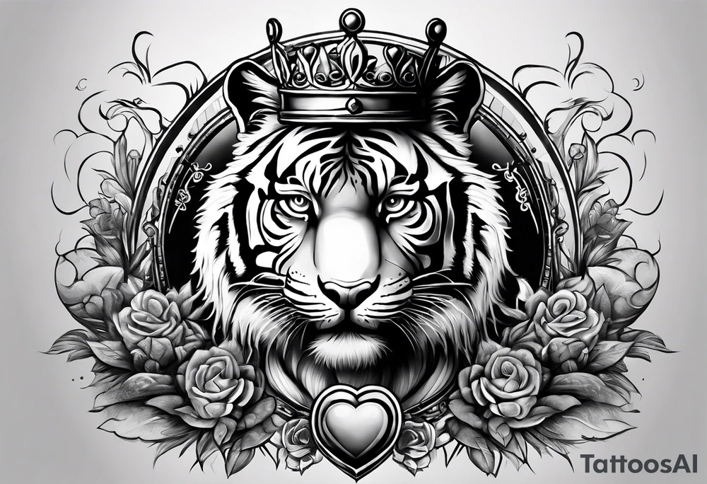 A tiger with a crown on the top with a third eye hourglass with a brain inside of the hourglass, covered in clouds, on the bottom of the hourglass, a heart covered in grass, a full detailed arm sleeve tattoo idea