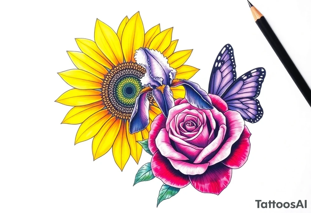 Sunflower, iris and a Rose with purple butterflies on side tattoo idea