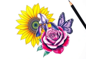 Sunflower, iris and a Rose with purple butterflies on side tattoo idea