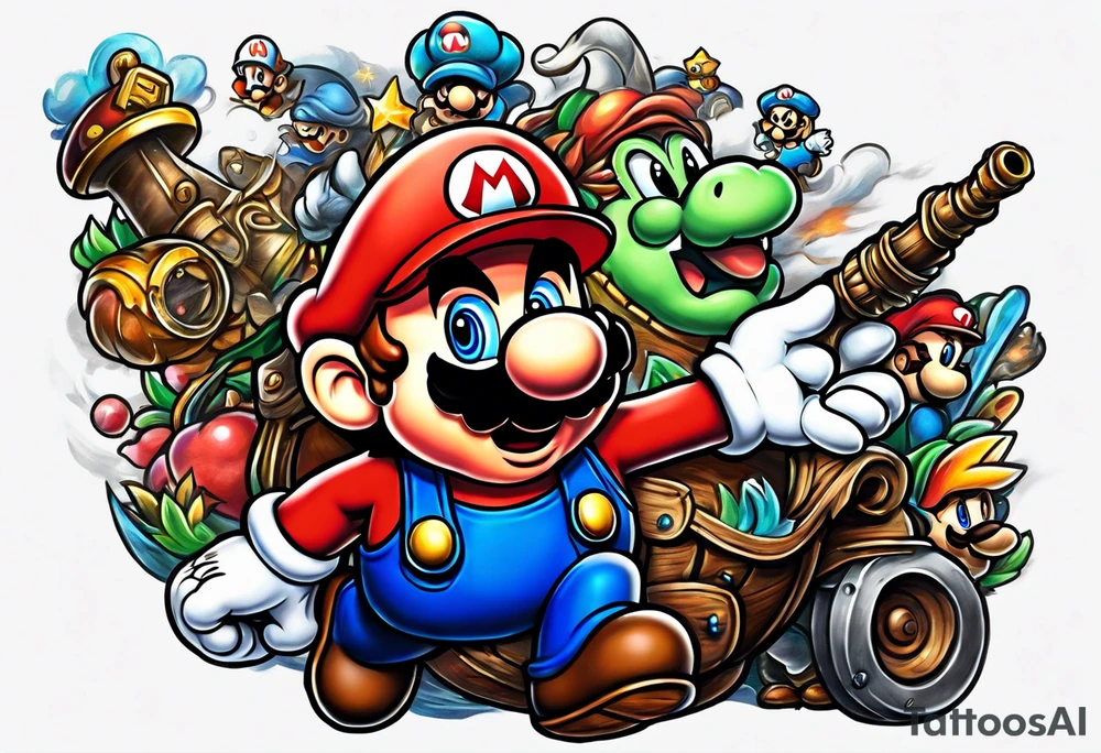 Mario ghosts and goombas with canons tattoo idea