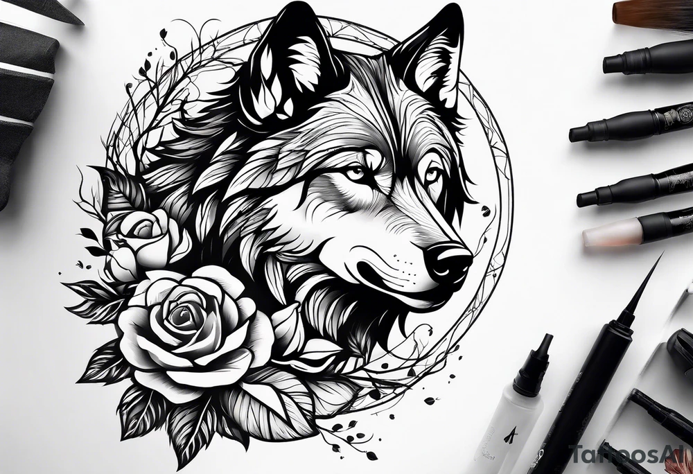 Combining the image of a wolf with roses or other floral elements, blending themes of nature and beauty with the wildness of the wolf. tattoo idea