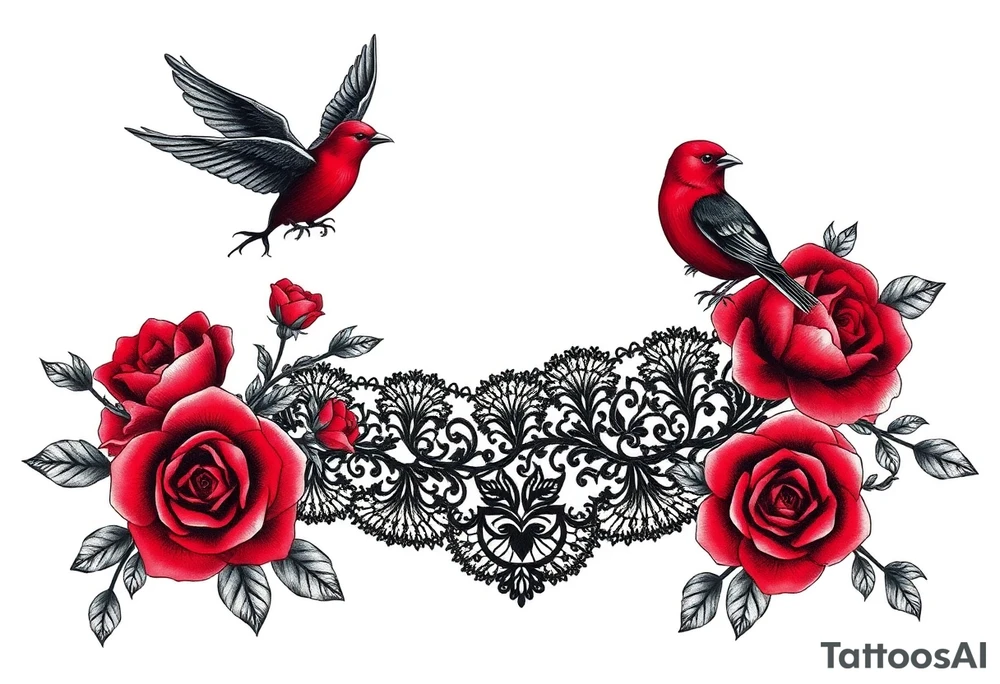 Vintage black lace, red roses, red birds, vintage, wrap around, tighter together, no space open tattoo idea