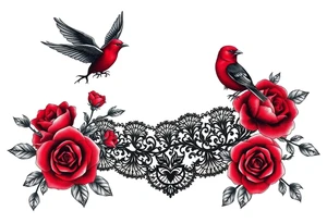 Vintage black lace, red roses, red birds, vintage, wrap around, tighter together, no space open tattoo idea