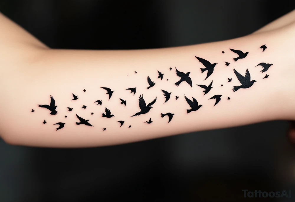 Flock of birds in flight across a fading sky – A dynamic group of birds soaring in various stages of flight, moving from the wrist toward the shoulder (or across the back). The birds start as detailed silhouettes in rich black and gradually become lighter and more abstract, as if dissolving into the wind. tattoo idea