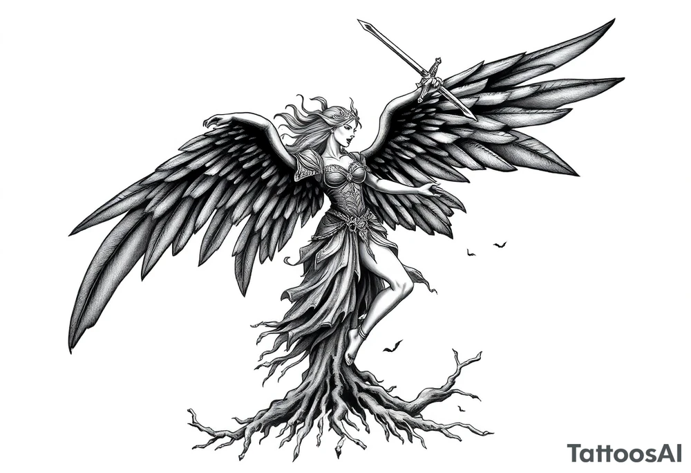 A fierce looking Valkyrie with very big dark wings. The whole body with legs should be visible.
She has armor.
She is flying towards the right, sword held high

She is screaming.
She is standing on roots tattoo idea