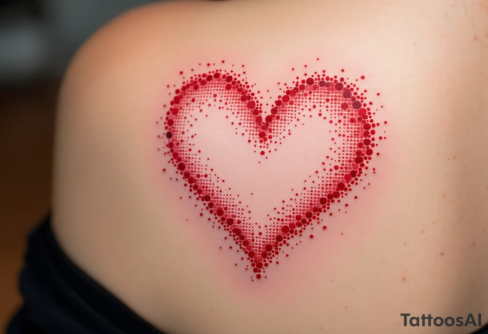 Dotted outline of a heart in red and pink on the shoulder – Soft and emotional with a pixel-art vibe. tattoo idea