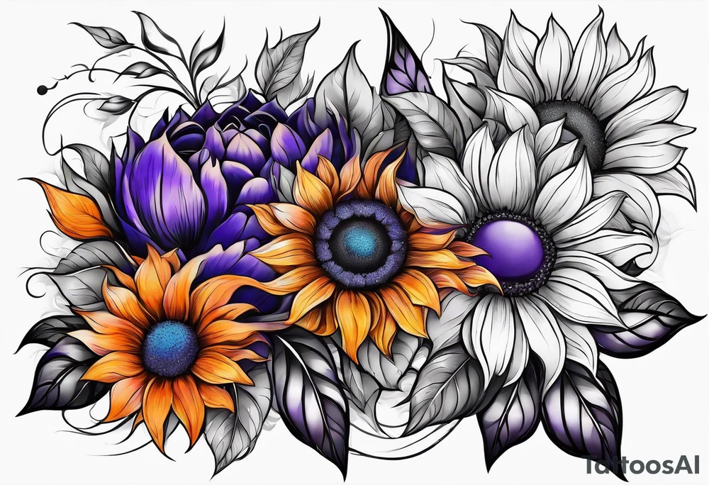 Full leg sleeve with purple, orange and blue sunflowers tattoo idea