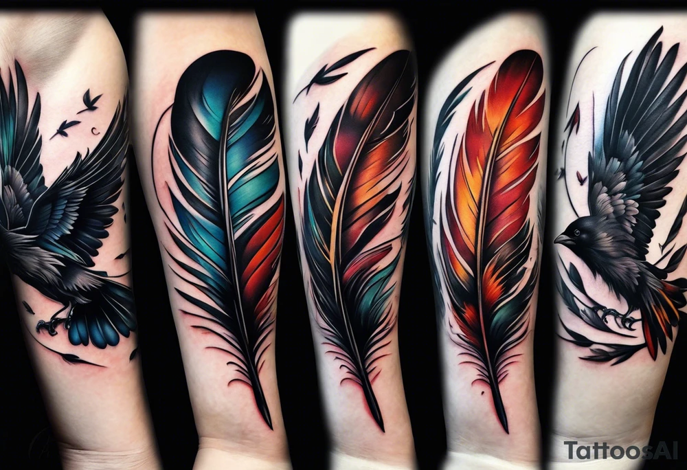 crow feather with 6 birds flying off as a feater tattoo idea