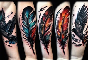 crow feather with 6 birds flying off as a feater tattoo idea
