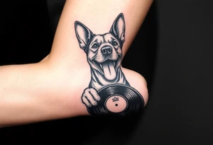 happy dog holding a vinyl record tattoo idea